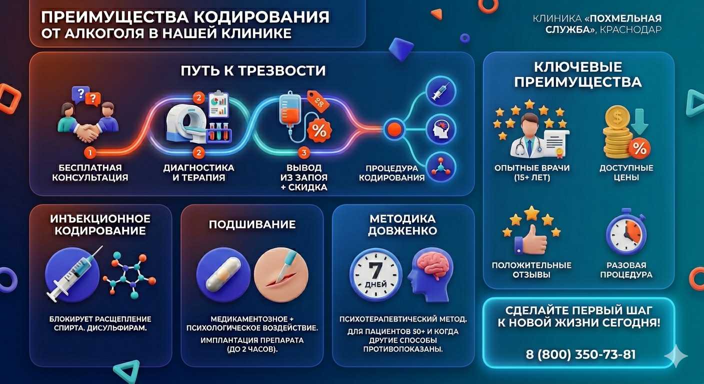 Инфографика о методах кодирования от алкоголя в Приютово: инъекции, подшивание, метод Довженко. Преимущества клиники и этапы лечения.