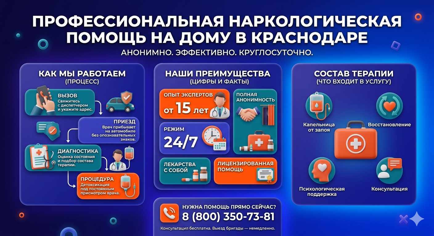 Инфографика о принципах лечения алкоголизма на дому в Приютово: этапы вызова нарколога, преимущества анонимной детоксикации и состав медицинской помощи.